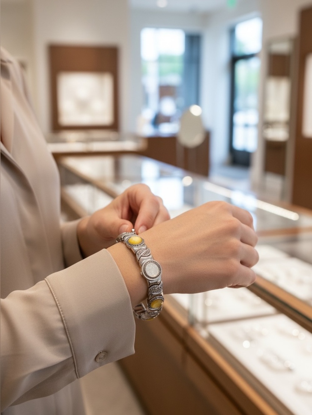 Lee Sands Silver Women's Watch Bracelet Watch with Yellow Accents-EUC